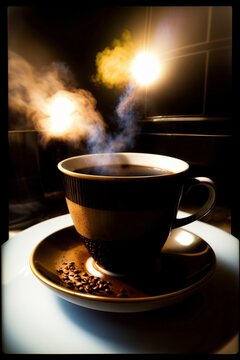 A Steaming Cup Of Coffee On A Saucer