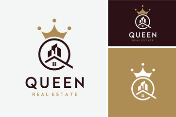 House City Building Golden King Crown with Letter Q Queen for Royal Premium Real Estate Apartment Property logo design