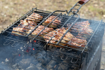 Portable metal brazier is used to grill skewers on the grate. Brazier with appetizing meat on the grill. Roasting food with burning charcoal.