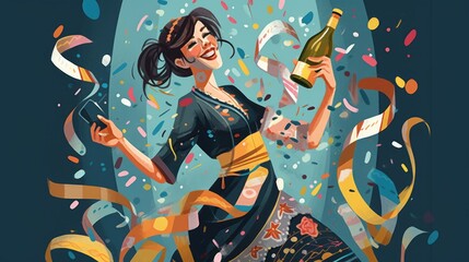  illustration of a woman drinking beer with confetti around her.  Generative AI