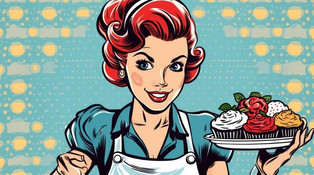 Happy pop art retro woman with cupcakes close up of her face. Illustration.  Generative AI
