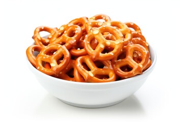 pretzels in a white bowl on a white background.  Generative AI