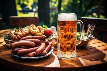 A glass of beer with different types of sausages on a wooden table in the park.  Generative AI