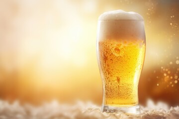 a glass of beer on a table with a blurred background and flares of light.  Generative AI
