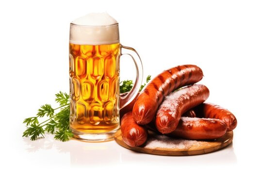 Beer and sausages on a wooden board on a white background.  Generative AI