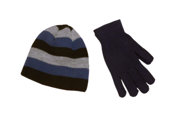 winter gloves and a hat on a white background,men's winter clothes, mittens and cap isolated