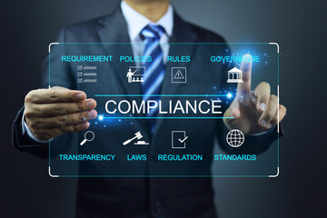 Virtual screen compliance graphic applied to governance in each destination. Concept of legal certification of different countries or procedures for import and export of goods.