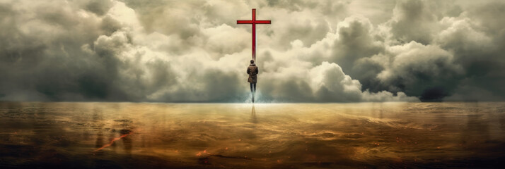 silhouette of a huge catholic cross and a lonely person nearby, above the clouds, sky landscape, panoramic view. conceptual religious image with the theme of salvation in religion