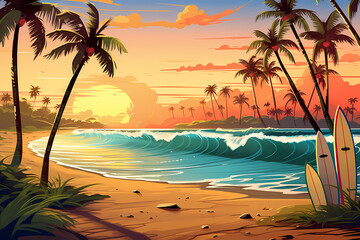 Fototapeta na wymiar landscape with surfboards on sandy beach cartoon illustration