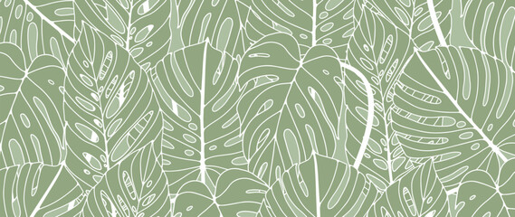 Green tropical background with different monstera leaves. Botanical background for decor, wallpapers, postcards, social media posts, presentations