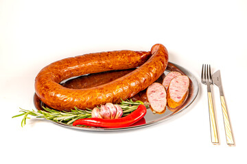 Grilled pork beef sausages, Oktoberfest dishes, isolated on white background.