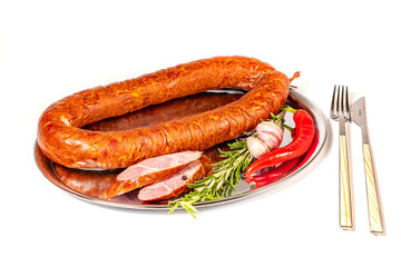 Grilled pork beef sausages, Oktoberfest dishes, isolated on white background.