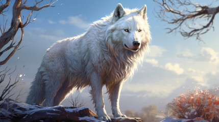 A striking portrayal of a heroic white fantasy wolf, embodying courage and strength, perfect for a captivating novel cover. AI generated