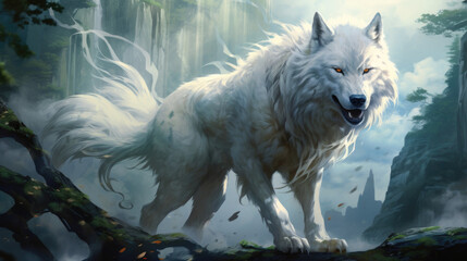 A majestic white fantasy wolf, portrayed as the heroic protagonist of a captivating novel. AI generated
