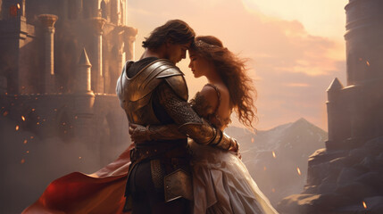 A magical woman embraces a warrior man, evoking a sense of love and strength, perfectly suited for a captivating fantasy novel cover. AI generated