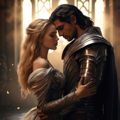wizard and a graceful enchantress share a tender embrace within the grand halls of an ancient castle, their magical love story capturing the imagination on a fantasy novel cover. AI generated - obrazy, fototapety, plakaty
