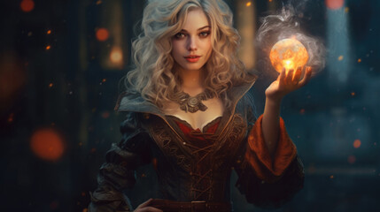 Fototapeta premium A captivating fantasy female witch with flowing hair and a mystical aura, surrounded by swirling magical energies. AI generated