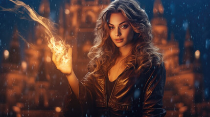 Fototapeta premium A majestic sorceress, standing in front of a castle, radiating power and wisdom in a magical kingdom. AI generated