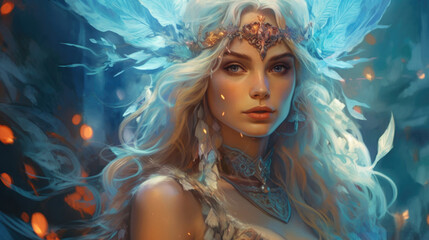 A captivating fantasy princess with a serene expression, surrounded by delicate flowers and bathed in soft, ethereal light, exuding timeless beauty. AI generated