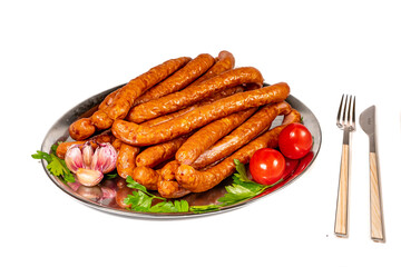 Grilled pork beef sausages, Oktoberfest dishes, isolated on white background.