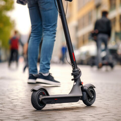Obraz premium people couple using electric scooter in city - park