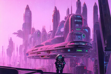 Cyberpunk urban scene. City of a future. Futuristic Generative AI illustration in purple and pink colors. Nostalgic classic cyberpunk wallpaper in 80's retro style. Aesthetics of sci-fi drawings. 