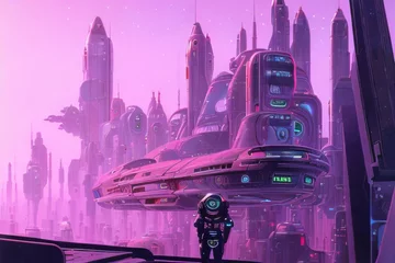 Fototapete Kürzen Cyberpunk urban scene. City of a future. Futuristic Generative AI illustration in purple and pink colors. Nostalgic classic cyberpunk wallpaper in 80's retro style. Aesthetics of sci-fi drawings. 