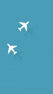 Airplanes flying over blue grid background loop. Holiday plane air travel concept. Busy air traffic motion graphics animation. Social media vertical format.