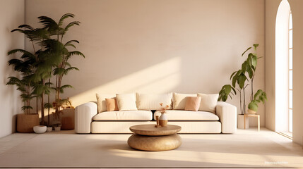 Beautiful sunny living room with a stylish sofa, table and plants in beige tones. Generative AI.