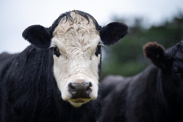 livestock beef cattle in a field on a farm. close up of a cows face.