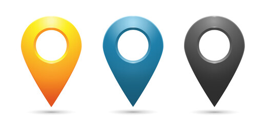 Realistic geolocation icons in yellow, blue and gray on a white background. A set of three pin-code icons of the geolocation map. Vector EPS 10.