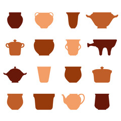 Terracotta ancient vases and jugs set. Silhouette collection of icons with jur. Vector pottery icons for design. Ceramic pot set. Retro ceramic vases in boho style. Clay products in traditional style