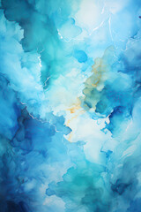 Abstract watercolor blue background, blue and gold paint. Vertical background. AI generative.