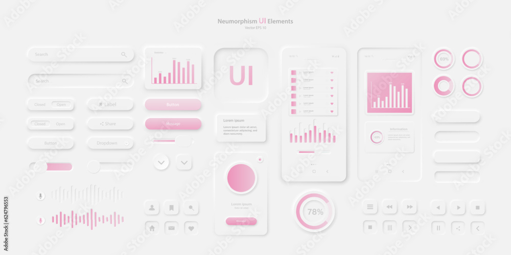 Poster the user interface elements for the mobile application are white and pink. a set for developing a mo