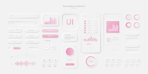 The user interface elements for the mobile application are white and pink. A set for developing a modern website or mobile application in the Neumorphism style. Vector EPS 10.