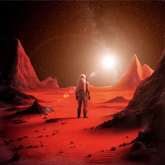 An astronaut on Mars. An astronaut walks on the surface of the red planet. 