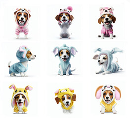 Obraz premium A cute Jack Russel Terrier puppy wearing animal outfits illustration set of 9 poses isolated on a white background