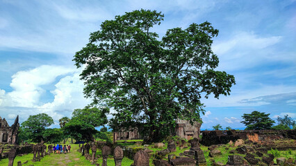 The tourist walk on the walkway beside of old sanctuary and the big tree of Wat Phou/vat Phou Hindu...