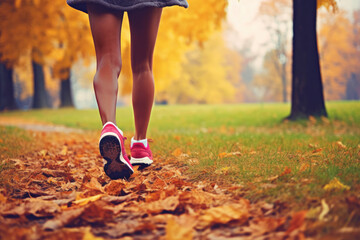 Young woman running in autumn park. Sport and healthy lifestyle concept.