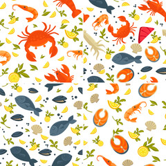 Fish and crab seafood seamless patterns lobster and squid