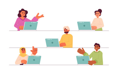Multicultural people working on laptops semi flat color vector characters. Editable half body freelancers on work on white. Simple cartoon spot illustration for web graphic design