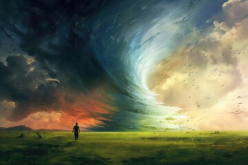 Surreal painting. A man stands in the middle of the field.