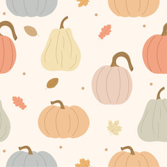 Cute autumn seamless pattern in pastel colors. A variety of pumpkins and leaves. Seasonal harvesting. Autumn holiday. Fall print.