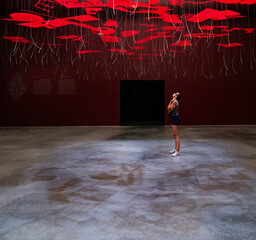 Girl looking at the work craft hanging in the empty hall during Venice Biennale 2023