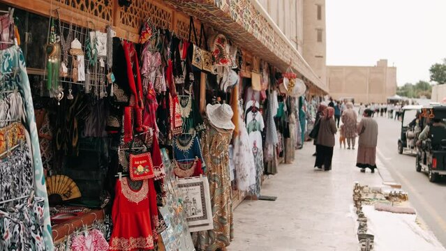 Colorful oriental bazaar, traditional street market in Uzbekistan. Street market in Bukhara. Travel concept