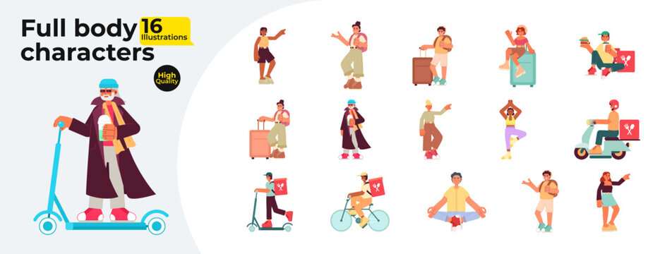 Active people semi flat color vector characters bundle. Leisure yoga. Travel. Editable full body people in different poses on white. Simple cartoon spot illustrations collection for web graphic design