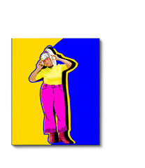 Contemporary art. Stylish senior woman, old lady wearing modern hipster clothes and listening to music in headphones. Concept of international day of older persons, care, age, October 1. Poster, ad