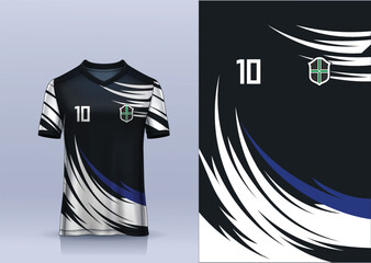 black white t-shirt sport design template with abstract  pattern for soccer jersey. Sport uniform in front view. Tshirt mock up for sport club. Vector Illustration © Ayesha Design