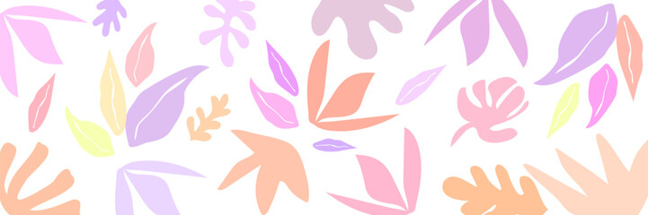 Hand drawn tropical leaves background in pastel colors. Colorful organic shapes doodle collection.