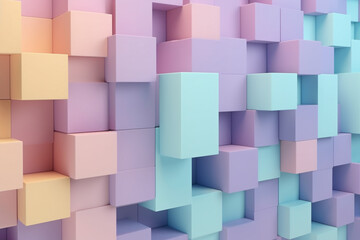 abstract colourful background with cubes, pastel colored wallpaper. horizontal childish poster. cute three-dimensional seamless pattern made of colourful cubes. textured 3d backdrop. mosaic cube shape